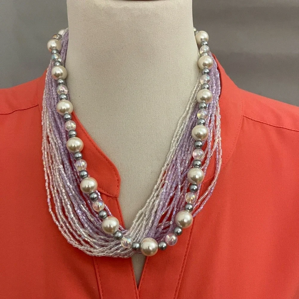 White Faux Pearl Gray Iridescent Seed Lavender Beads Multi-strands Necklace NWOT